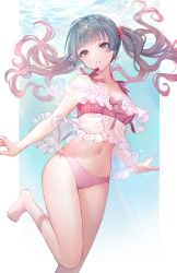 Rule 34 | 1girl, bare arms, bare legs, bare shoulders, bikini, black hair, bow, breasts, caustics, earrings, floating hair, freediving, frilled bikini, frills, gradient hair, grin, hair bow, idolmaster, idolmaster shiny colors, jewelry, long hair, looking at viewer, mayuzumi fuyuko, medium breasts, multicolored hair, navel, orange eyes, pink bikini, see-through, shiba 0, smile, solo, stomach, swimsuit, swimsuit cover-up, thighs, twintails, underwater