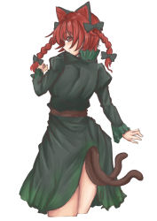 Rule 34 | 1girl, :/, absurdres, animal ears, ass, black bow, blush, bow, braid, cat ears, cat tail, cropped legs, dress, from behind, green dress, hair bow, hair ribbon, highres, juliet sleeves, kaenbyou rin, kuraki, long hair, long sleeves, looking at viewer, looking back, multiple tails, nekomata, profile, puffy sleeves, red eyes, red hair, ribbon, sideways mouth, simple background, solo, tail, touhou, tress ribbon, twin braids, twintails, two tails, white background