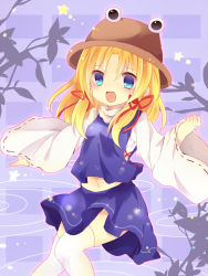 Rule 34 | 1girl, 3535carrot, aura, bad id, bad pixiv id, blonde hair, blue background, blue eyes, branch, checkered background, clenched hand, hair ribbon, hat, high collar, light particles, long sleeves, looking at viewer, midriff, moriya suwako, open mouth, over-kneehighs, ribbon, ripples, short hair, sidelocks, skirt, skirt set, solo, star (symbol), thighhighs, touhou, uguisu mochi (ykss35), water, wide sleeves