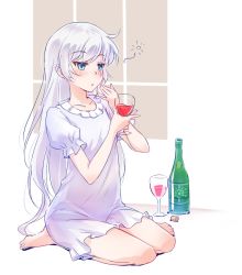 Rule 34 | 1girl, alcohol, alternate hairstyle, blue eyes, bottle, cork, covered navel, cup, drinking glass, hair down, highres, iesupa, long hair, red wine, rwby, scar, scar across eye, scar on face, sleepwear, solo, tipsy, weiss schnee, white hair, wine, wine bottle, wine glass