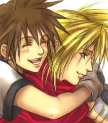 Rule 34 | 00s, 2000s (style), 2boys, arms around neck, blonde hair, blue eyes, blush, brown hair, cape, closed eyes, cloud strife, final fantasy, final fantasy vii, fingerless gloves, garakuta (chika), gloves, hug, kingdom hearts, lower teeth only, lowres, multiple boys, open mouth, red cape, short sleeves, smile, sora (kingdom hearts), spiked hair, square enix, teeth, upper body, white background