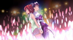 Rule 34 | 2girls, awaken the power, back-to-back, bow, bowtie, choker, commentary request, diffraction spikes, dress, dutch angle, earrings, gloves, glowstick, green eyes, holding hands, jewelry, jyura, kazuno leah, kurosawa ruby, lens flare, love live!, love live! sunshine!!, multiple girls, pleated skirt, purple dress, purple eyes, purple hair, red hair, short hair, skirt, smile, stage lights, standing, tiara, twintails, two side up, unitard, white choker, white gloves, wristband