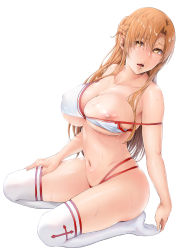 Rule 34 | 1girl, absurdres, adapted costume, asuna (sao), bikini, blonde hair, blush, border, braid, breasts, commentary request, female focus, fingernails, french braid, full body, highres, ken-1, large breasts, lips, long hair, looking at viewer, navel, nipples, one breast out, open mouth, parted lips, seiza, shiny skin, simple background, sitting, solo, strap pull, swimsuit, sword art online, teeth, thighhighs, toes, tongue, white background, white bikini, white thighhighs, yellow eyes