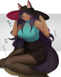 Rule 34 | 1girl, @ @, adjusting clothes, adjusting headwear, animal ears, bare shoulders, black hat, black pantyhose, black skirt, blue eyes, blue shirt, blush, breasts, cat ears, closed mouth, dark-skinned female, dark skin, embarrassed, fangs, fate/grand order, fate (series), female focus, grey background, hands up, hat, highres, japanese text, knees together feet apart, large breasts, long hair, looking at viewer, miniskirt, nose blush, pantyhose, peeing, peeing self, pencil skirt, puddle, purple hair, queen of sheba (fate), shirt, simple background, sitting, skirt, sleeveless, sleeveless shirt, smile, solo, steam, sun hat, sweat, tail, translation request, trembling, turtleneck, two-tone background, umagoya mochi, very long hair, wet, wet clothes