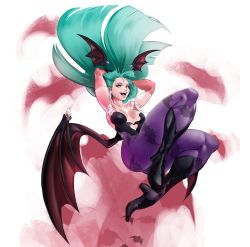 Rule 34 | 1girl, animal print, aqua hair, armpits, arms behind head, bat (animal), bat print, black footwear, boots, breasts, breasts apart, capraraw, elbow gloves, floating hair, gloves, head wings, high heel boots, high heels, highres, knees up, large breasts, looking at viewer, low wings, morrigan aensland, open mouth, pantyhose, pink gloves, print pantyhose, purple pantyhose, red wings, simple background, smile, solo, thighs, vampire (game), white background, wings