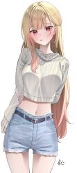 Rule 34 | 1girl, absurdres, arm behind back, belt, belt buckle, black belt, blonde hair, blue shorts, blush, buckle, commentary request, cowboy shot, crop top, cropped sweater, denim, denim shorts, highres, kawai ritsu (rits meg), long hair, looking at viewer, midriff, navel, project sekai, red eyes, shorts, signature, simple background, solo, sweater, tenma saki, tongue, tongue out, white background, white sweater