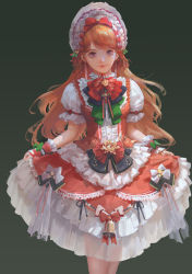 Rule 34 | 1girl, bell, black bow, blue eyes, bow, closed mouth, dress, eyelashes, flower, frilled dress, frilled hat, frills, gradient background, green background, green bow, hat, highres, jingle bell, lolita fashion, long eyelashes, long hair, orange hair, original, puffy sleeves, red bow, red dress, rose, see-through, simple background, smile, solo, white bow, white hat, yellow flower, yellow rose, youshun (naturaljuice)