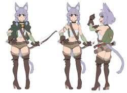 Rule 34 | 1girl, ahoge, animal ears, arrow (projectile), artist name, backpack, bag, bare shoulders, blush, boots, bow (weapon), breasts, brown footwear, brown shorts, cat ears, cat girl, cat tail, cleavage, commentary, crop top, english text, gloves, green bag, hand on own hip, hand up, high heel boots, high heels, highres, holding, holding bow (weapon), holding weapon, hood, hood down, legs apart, looking at viewer, medium hair, midriff, multiple views, navel, original, quiver, rob ishi, short shorts, shorts, simple background, small breasts, smile, standing, tail, thigh boots, thighhighs, thighhighs under boots, weapon, white background, xion (acornsmash)