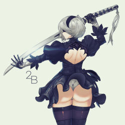 Rule 34 | 1girl, absurdres, ass, back cutout, black dress, black gloves, black thighhighs, blindfold, butcherboy, clothing cutout, dress, from behind, gloves, green background, hairband, highres, nier (series), nier:automata, puffy sleeves, short hair, silver hair, simple background, solo, sword, thighhighs, weapon, 2b (nier:automata)
