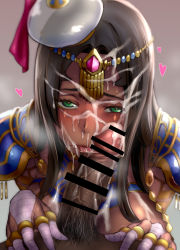 Rule 34 | 1girl, absurdres, after fellatio, bar censor, black hair, blush, breasts, censored, colored skin, cum, cum in nose, cum on hair, dark skin, facial, fate/grand order, fate (series), fellatio, green eyes, hat, heart, heart-shaped pupils, heavy breathing, highres, ikuchan kaoru, licking, long hair, looking at viewer, lots of jewelry, male pubic hair, multicolored skin, oral, penis, pov, pubic hair, scheherazade (fate), simple background, smegma, solo focus, stray pubic hair, sweat, sweatdrop, symbol-shaped pupils