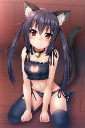 Rule 34 | 1girl, animal ear fluff, animal ears, arms at sides, bell, between breasts, birthday, black bra, black hair, black panties, black thighhighs, blush, bra, breasts, brown eyes, cat cutout, cat ear panties, cat ears, cat lingerie, cat tail, choker, cleavage cutout, closed mouth, clothing cutout, collar, collarbone, food, food between breasts, hair between eyes, half-closed eyes, indoors, jingle bell, k-on!, kneeling, long hair, looking at viewer, medium breasts, meme attire, nakano azusa, neck bell, no shoes, panties, pocky, pocky day, samoore, side-tie panties, sitting, smile, solo, tail, thighhighs, twintails, underwear, wooden floor