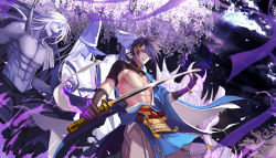Rule 34 | 5boys, ana bi, armor, bare pectorals, black gloves, blue eyes, blue hair, character request, commentary request, flower, gloves, hairband, hat, holding, holding sword, holding weapon, japanese clothes, long hair, male focus, mikazuki munechika, multiple boys, pectorals, purple flower, purple theme, smile, sword, tassel, touken ranbu, weapon, wisteria