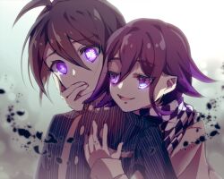 Rule 34 | 2boys, :d, ahoge, brown hair, checkered clothes, checkered scarf, chinsha (g0 mennasa1), danganronpa (series), danganronpa v3: killing harmony, glowing, glowing eyes, grey background, hair between eyes, hand in another&#039;s mouth, jacket, male focus, multiple boys, oma kokichi, open mouth, pointy ears, purple eyes, saihara shuichi, scarf, smile, striped clothes, striped jacket, two-tone background, upper body, white background