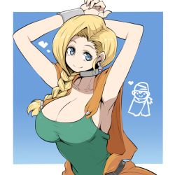 Rule 34 | 1girl, armpits, arms up, bianca (dq5), blonde hair, blue eyes, bracelet, braid, breasts, choker, cleavage, dragon quest, dragon quest v, earrings, hair over shoulder, huge breasts, jewelry, kara age, single braid, solo