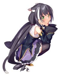 Rule 34 | 1girl, absurdres, animal ear fluff, animal ears, bare shoulders, black hair, black sleeves, black thighhighs, cat ears, cat girl, cat tail, closed mouth, commentary request, detached sleeves, frilled skirt, frills, full body, green eyes, hands up, highres, karyl (princess connect!), kei (soundcross), long hair, long sleeves, looking at viewer, looking back, low twintails, multicolored hair, princess connect!, purple skirt, ringlets, shadow, shirt, skirt, sleeveless, sleeveless shirt, solo, squatting, streaked hair, tail, thighhighs, twintails, very long hair, white background, white hair, white shirt, wide sleeves