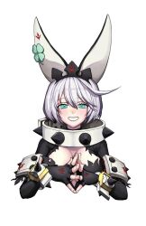 Rule 34 | 1girl, ahoge, animal ears, black gloves, blue eyes, blush, bracelet, breasts, cleavage, cleavage cutout, clothing cutout, clover, collar, ebi pri shrimp, elphelt valentine, fingerless gloves, four-leaf clover, gloves, guilty gear, guilty gear xrd, hairband, huge ahoge, jewelry, large breasts, looking at viewer, smile, spiked bracelet, spiked collar, spiked hairband, spikes, white hair