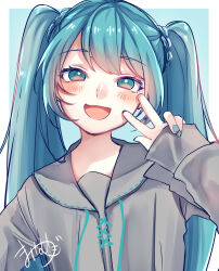 Rule 34 | 1girl, :d, absurdres, blue background, blue eyes, blue hair, blue nails, blush, border, drawstring, grey sailor collar, grey shirt, hand up, hatsune miku, head tilt, highres, long hair, long sleeves, looking at viewer, mai mugi, nail polish, open mouth, outside border, portrait, sailor collar, shirt, sidelocks, signature, simple background, smile, solo, twintails, vocaloid, w, white border