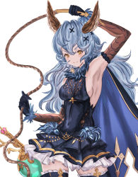 Rule 34 | 1girl, animal ears, arm up, armpits, black cloak, black dress, black gloves, black thighhighs, blue cloak, blue hair, breasts, brown sleeves, cloak, closed mouth, cowboy shot, detached sleeves, dress, erune, feather-trimmed sleeves, ferry (granblue fantasy), gloves, granblue fantasy, hair between eyes, hair intakes, hair ornament, highres, holding, holding whip, long hair, looking at viewer, medium breasts, mou pl, sideboob, sleeveless, sleeveless dress, smile, solo, thighhighs, two-tone cloak, wavy hair, white background, x hair ornament, yellow eyes