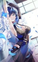 Rule 34 | 1girl, absurdres, armpits, bad id, bad pixiv id, black gloves, black hair, blue dress, blue flower, blue hair, bob cut, braid, breasts, cleavage, commentary request, diagonal bangs, dice, dress, dutch angle, elbow gloves, falling petals, flower, fur-trimmed jacket, fur trim, genshin impact, gloves, green eyes, highres, jacket, jacket on shoulders, large breasts, looking at viewer, lying, neck tassel, nunsori, on back, one eye covered, open window, parted lips, petals, revision, short hair, single elbow glove, sleeveless, sleeveless dress, smile, solo, vision (genshin impact), white jacket, wind, window, yelan (genshin impact)