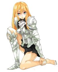 Rule 34 | 1girl, aqua eyes, armor, bad id, bad pixiv id, barefoot, blonde hair, boobplate, breastplate, corset, couter, greaves, hair between eyes, kakaaru, long hair, on one knee, original, plantar flexion, shoes, simple background, single shoe, skirt, solo, torn clothes, torn skirt, white background