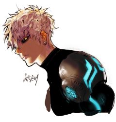 Rule 34 | 1boy, backlighting, black sclera, blonde hair, colored sclera, cyborg, earrings, genos, jewelry, joints, male focus, neon trim, one-punch man, pigeon666, profile, robot joints, short hair, signature, solo, turtleneck, upper body, white background, yellow eyes