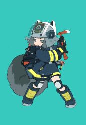 Rule 34 | 1girl, aqua background, arknights, axe, black footwear, black gloves, black jacket, black shorts, blush, boots, chestnut mouth, fire axe, firefighter, firefighter jacket, full body, gloves, grey eyes, grey hair, harness, helmet, highres, holding, holding axe, jacket, jianpan xiafang de da kongge, knee boots, knee pads, legs apart, long sleeves, looking to the side, no pupils, open mouth, oxygen tank, shaw (arknights), shorts, simple background, solo, squirrel girl, squirrel tail, standing, swinging, tail, teeth, upper teeth only, v-shaped eyebrows, visor (armor), visor lift