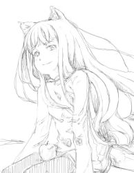 Rule 34 | 00s, 1girl, animal ears, apple, food, fruit, greyscale, holo, long hair, monochrome, myu, simple background, sketch, smile, solo, spice and wolf, wolf ears