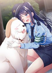 Rule 34 | 1girl, ;d, absurdres, animal, armband, bare legs, belt, blue eyes, blue necktie, blue shirt, blue skirt, blush, blush stickers, breast pocket, bush, collared shirt, commentary request, dog, gloves, hat, highres, hina (hinalovesugita), long hair, love live!, love live! school idol festival, love live! sunshine!!, matsuura kanan, necktie, one eye closed, open mouth, outdoors, pencil skirt, petting, pocket, police, police hat, police uniform, policewoman, ponytail, shiitake (love live! sunshine!!), shirt, sidelocks, skirt, smile, solo, squatting, tongue, tongue out, uniform, white gloves