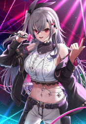 1girl armpits belt belt_buckle black_belt black_jacket black_nails black_pants blush body_jewelry buckle commentary cowboy_shot cropped_shirt crown_hair_ornament finger_gun fingernails grey_hair halter_shirt halterneck highres hiiragi_melt holding holding_microphone hololive hololive_dev_is isaki_riona jacket jacket_partially_removed jewelry lace lace-trimmed_shirt lace_trim layered_shirt leather leather_jacket long_bangs long_hair long_sleeves looking_ahead microphone midriff multiple_necklaces music nail_polish navel navel_piercing necklace one_eye_closed open_clothes open_jacket open_mouth pants piercing rabbit_bow red_eyes red_nails shirt side_ponytail singing solo spiked_ear_piercing stage stage_lights symbol-only_commentary tank_top teeth two-sided_fabric two-sided_jacket two-tone_pants virtual_youtuber white_pants white_shirt