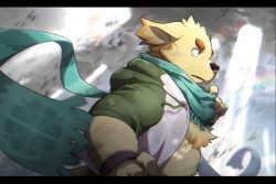 Rule 34 | 1boy, animal ears, animal nose, belly, blue eyes, blurry, blurry foreground, body fur, cu sith (housamo), dog boy, dog ears, fang, furry, furry male, green jacket, green scarf, grey background, highres, hood, hooded jacket, jacket, letterboxed, male focus, multicolored clothes, multicolored jacket, ponzu tas, scarf, serious, short hair, snout, solo, tearing up, thick eyebrows, tokyo houkago summoners, two-tone jacket, white jacket, yellow fur