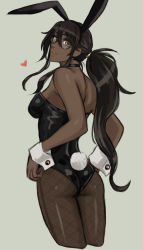 Rule 34 | 1girl, animal ears, ass, back, bare shoulders, breasts, brown hair, cleavage, commentary request, cowboy shot, dark-skinned female, dark skin, drill (emilio), fake animal ears, glasses, grey background, heart, highres, leotard, long hair, medium breasts, myra (drill (emilio)), original, pantyhose, playboy bunny, ponytail, rabbit ears, rabbit tail, simple background, sleeveless, smile, solo, strapless, strapless leotard, tail, wrist cuffs
