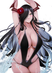 Rule 34 | 1girl, armpits, arms up, azur lane, black hair, black one-piece swimsuit, breasts, cleavage, flower, friedrich der grosse (azur lane), gdat, gem, hair flower, hair ornament, highres, horns, large breasts, long hair, looking at viewer, mechanical horns, one-piece swimsuit, purple gemstone, red flower, sideboob, splashing, swimsuit, very long hair, white background, yellow eyes