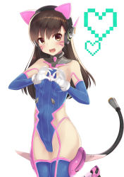 Rule 34 | 1girl, :d, adapted costume, animal ear headphones, animal ears, animal print, bare shoulders, black hair, blue leotard, blue thighhighs, blush, bodysuit, bracer, breasts, breasts apart, brown eyes, brown hair, cable, cable tail, cat ear headphones, cat ears, clothing cutout, covered navel, cowboy shot, d.va (overwatch), detached sleeves, elbow gloves, eyebrows, facepaint, facial mark, fake animal ears, fake tail, garter straps, gloves, halterneck, happy, haru to neru (act partner), headphones, heart, heart hands, highleg, highleg leotard, hip focus, kemonomimi mode, leg lift, leg up, legs together, leotard, long hair, looking at viewer, mechanical tail, open mouth, overwatch, overwatch 1, pilot suit, pixelated, rabbit print, ribbed leotard, side cutout, simple background, skindentation, sleeveless, small breasts, smile, solo, standing, standing on one leg, tail, thighhighs, turtleneck, whisker markings, white background, white gloves
