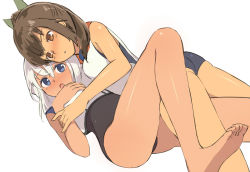 Rule 34 | 10s, 2girls, bare shoulders, barefoot, blue eyes, blush, brown eyes, brown hair, colored eyelashes, crop top, hug, i-401 (kancolle), kantai collection, kibamigohann, long hair, lying, lying on person, multiple girls, on back, on stomach, one-piece swimsuit, open mouth, ponytail, ro-500 (kancolle), sailor collar, school swimsuit, school uniform, serafuku, short ponytail, silver hair, simple background, swimsuit, swimsuit under clothes, tan, tanline, yuri