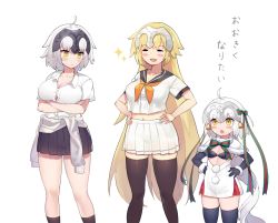 Rule 34 | 3girls, aged down, ahoge, bell, bikini, bikini top only, black bikini, black gloves, black legwear, black skirt, blonde hair, blush, bow, breasts, capelet, cleavage, clothes around waist, collarbone, commentary, crossed arms, elbow gloves, fate/apocrypha, fate/grand order, fate (series), fur-trimmed capelet, fur trim, gloves, green bow, green ribbon, hands on own hips, headpiece, jeanne d&#039;arc (fate), jeanne d&#039;arc (ruler) (fate), jeanne d&#039;arc alter (avenger) (fate), jeanne d&#039;arc alter (fate), jeanne d&#039;arc alter santa lily (fate), jehyun, large breasts, long hair, midriff, multiple girls, navel, neckerchief, open mouth, pleated skirt, ribbon, school uniform, serafuku, shirt, short hair, short sleeves, silver hair, skirt, smile, sparkle, standing, striped bow, striped ribbon, sweater, sweater around waist, swimsuit, thighhighs, translation request, very long hair, white capelet, white shirt, white skirt, yellow eyes, zettai ryouiki