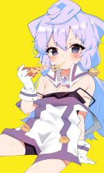 Rule 34 | 1boy, arm support, bare shoulders, bike shorts, black shorts, black skirt, blue hair, blush, brooch, commentary request, detached collar, dress, eating, food, gloves, hacka doll, hacka doll 3, hair between eyes, highres, holding, holding food, holding pizza, jewelry, long hair, male focus, off-shoulder shirt, off shoulder, oversized clothes, pizza, pizza slice, purple eyes, shirt, shorts, simple background, sitting, skirt, trap, very long hair, white dress, white gloves, wing collar, yellow background, zeru (wisel army)
