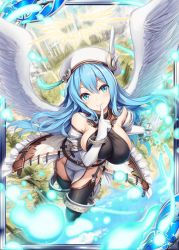Rule 34 | 1girl, akkijin, angel, angel wings, bare shoulders, blue eyes, blue hair, breasts, card (medium), city, cleavage, finger to mouth, flying, gauntlets, gloves, halo, hat, hitodama, large breasts, looking at viewer, official art, shinkai no valkyrie, thighhighs, white gloves, wings