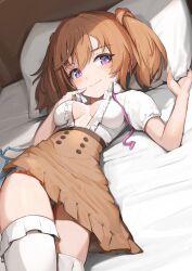 Rule 34 | 1girl, alice gear aegis, bed sheet, breasts, brown hair, brown skirt, commentary request, dutch angle, high-waist skirt, highres, kimikage yui, looking at viewer, lying, medium breasts, on back, on bed, open clothes, open shirt, pillow, puffy short sleeves, puffy sleeves, purple eyes, shirt, short sleeves, skirt, solo, sunga2usagi, twintails, white shirt