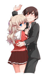 Rule 34 | 1boy, 1girl, black skirt, blouse, blue eyes, blush, brown eyes, brown hair, brown skirt, charlotte (anime), commentary request, couple, cowboy shot, from behind, gakuran, half updo, hand on another&#039;s chest, hetero, highres, hoshinoumi academy school uniform, hug, light brown hair, long hair, looking at another, looking at viewer, looking back, misaki juri, otosaka yuu, pleated skirt, red shirt, sailor collar, school uniform, serafuku, shirt, shy, simple background, skirt, sweatdrop, tomori nao, two side up, wavy hair, white background, white sailor collar