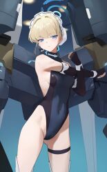 Rule 34 | 1girl, absurdres, bare shoulders, black gloves, black leotard, blonde hair, blue archive, blue eyes, blue leotard, blush, breasts, bun cover, cameltoe, covered navel, earpiece, elbow gloves, fingerless gloves, gloves, groin, hair bun, hair ribbon, halo, highleg, highleg leotard, highres, leotard, looking at viewer, maid headdress, revision, ribbon, short hair, single hair bun, siu hing5262, sleeveless turtleneck leotard, small breasts, solo, stretching, thigh strap, thighs, toki (blue archive), two-tone leotard