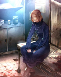 Rule 34 | 1boy, bed, blonde hair, blood, blue jacket, bookshelf, boots, coat, facial hair, highres, hospital, hospital bed, in container, jacket, jar, male focus, short hair, silent hill, silent hill (series), silent hill 4: the room, sitting, smile, solo, sunakumo, trench coat, walter sullivan