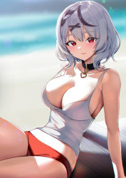 Rule 34 | 1girl, bare shoulders, beach, black collar, black hair, blurry, blurry background, blush, braid, breasts, buruma, camisole, cleavage, closed mouth, collar, collarbone, hair ornament, heart pendant, highres, hololive, large breasts, leaning back, lens flare, looking at viewer, multicolored hair, no pants, picter, red buruma, red eyes, sakamata chloe, short hair, silver hair, sitting, smile, solo, spaghetti strap, strap gap, streaked hair, virtual youtuber, white camisole, x hair ornament