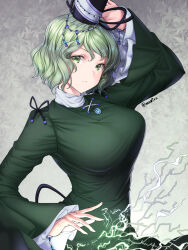 Rule 34 | 1girl, arm up, breasts, closed mouth, dress, electricity, electrokinesis, expressionless, floral background, gradient background, green dress, green eyes, green hair, grey background, hand on headwear, hand on own hip, hat, highres, large breasts, looking at viewer, mitama mudimudi, short hair, simple background, sleeves past wrists, soga no tojiko, solo, swept bangs, tate eboshi, touhou
