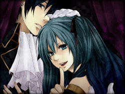 Rule 34 | 1boy, 1girl, aqua eyes, aqua hair, asami yoruko, blue eyes, blue hair, earrings, face, finger to mouth, formal, gloves, hair ribbon, hand on another&#039;s head, hatsune miku, jewelry, kaito (vocaloid), long hair, looking at viewer, open mouth, ribbon, shushing, vocaloid