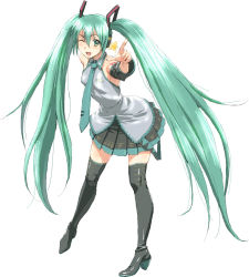 Rule 34 | 1girl, boots, female focus, full body, hatsune miku, high heel boots, high heels, long hair, nigou, one eye closed, simple background, solo, thigh boots, thighhighs, twintails, very long hair, vocaloid, wink, zettai ryouiki