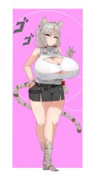 Rule 34 | absurdres, breasts, cleavage, cleavage cutout, clothing cutout, covered erect nipples, goldsaw, highres, huge breasts, silver hair, simple background, solo, tail, tiger tail, touhoku itako, voiceroid
