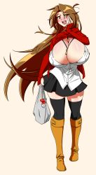 Rule 34 | 1girl, alternate breast size, bag, bell, between breasts, black skirt, black thighhighs, blush, boots, breasts, brown eyes, brown hair, bursting breasts, cleavage, commentary, cowbell, ego trigger, english commentary, hand on own face, highres, huge breasts, jewelry, knee boots, long hair, matsu-sensei, mattie (ego trigger), no bra, open mouth, original, pendant, red sleeves, revision, shirt, shopping bag, shrug (clothing), simple background, skirt, smile, solo, thighhighs, unbuttoned, unbuttoned shirt, very long hair, walking, zettai ryouiki
