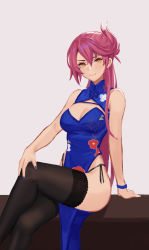Rule 34 | 1girl, absurdres, alternate costume, asymmetrical hair, black panties, black thighhighs, blue dress, blue nails, breasts, china dress, chinese clothes, cleavage, cleavage cutout, closed mouth, clothing cutout, commentary, commission, cowboy shot, crossed legs, dress, eiyuu densetsu, english commentary, falcom, hair between eyes, highleg, highleg panties, highres, jonbur man, lace, lace-trimmed legwear, lace trim, long hair, looking at viewer, medium breasts, nail polish, panties, parted bangs, pelvic curtain, pixiv commission, ponytail, purple background, purple hair, sara valestein, sen no kiseki, side-tie panties, simple background, sitting, sleeveless, sleeveless dress, smile, solo, thighhighs, underwear, wristband, yellow eyes