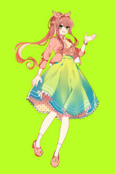 Rule 34 | 1girl, :d, alternate costume, brown hair, casual, commentary, doki doki literature club, english commentary, eyes visible through hair, full body, green background, green eyes, green skirt, hair between eyes, hair ribbon, high-waist skirt, highres, long hair, looking at viewer, monika (doki doki literature club), open mouth, ponytail, ribbon, savi (byakushimc), shoes, simple background, skirt, smile, socks, solo, two-sided fabric, two-sided skirt