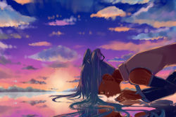 Rule 34 | 1girl, blue hair, blue nails, cloud, cloudy sky, day, detached sleeves, closed eyes, fingernails, hatsune miku, jaco, kiss, kneeling, long hair, lying, nail polish, necktie, outdoors, reflection, shirt, sky, sleeveless, solo, solo focus, sunset, twintails, very long hair, vocaloid, white shirt